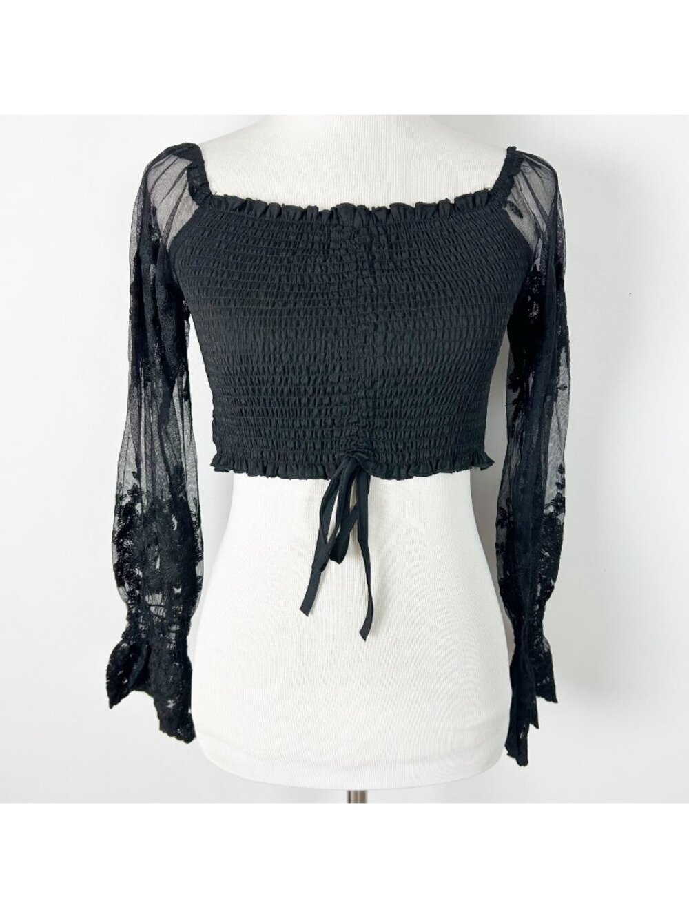 Unbranded Smocked Long Sleeve Crop Top Sheer Mesh Floral Whimsigoth Size Large